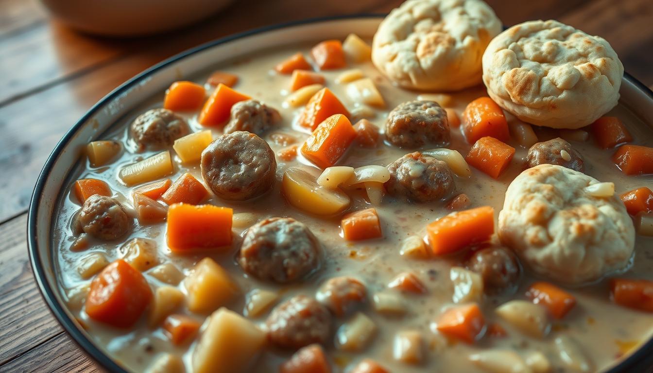 canned white gravy in casserole with vegetables and sausage