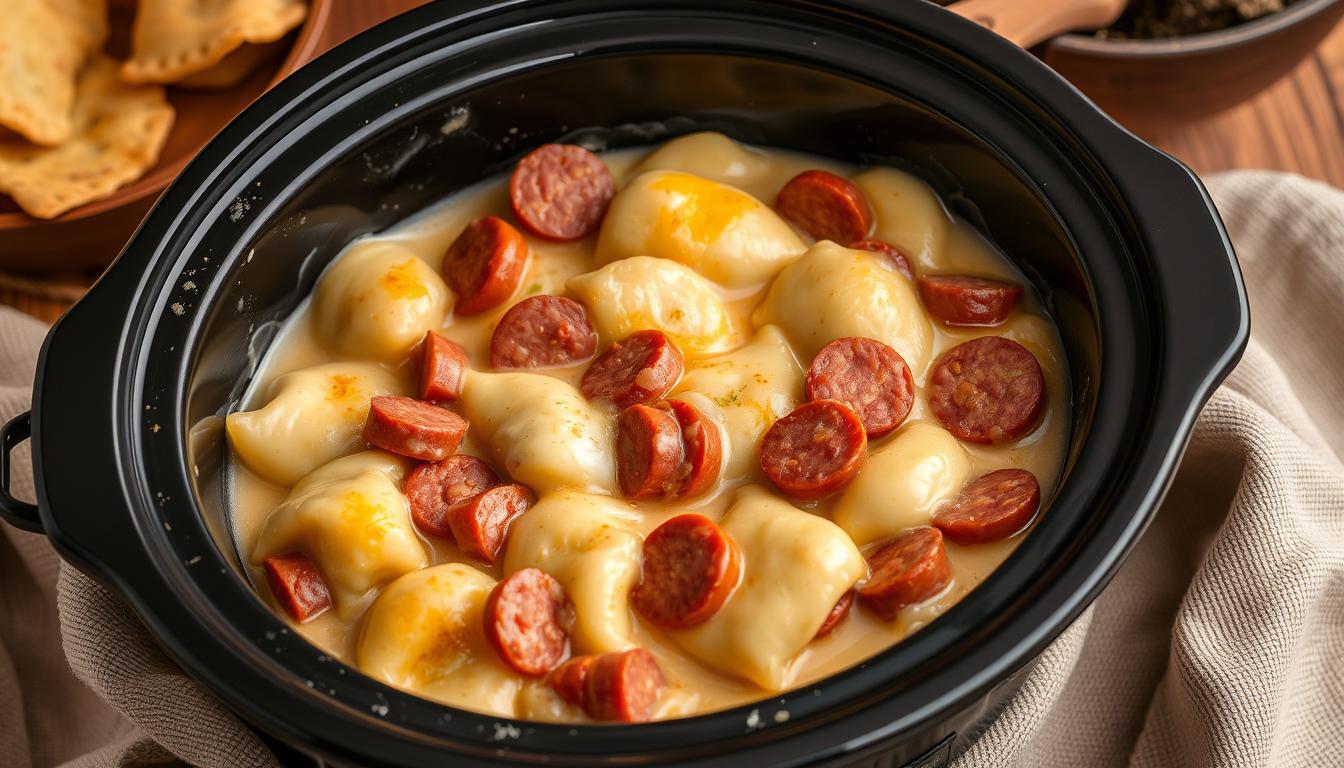 crockpot pierogi casserole with kielbasa