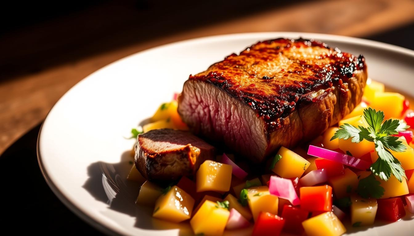 pan seared tenderloin recipe paired with pineapple mango salsa