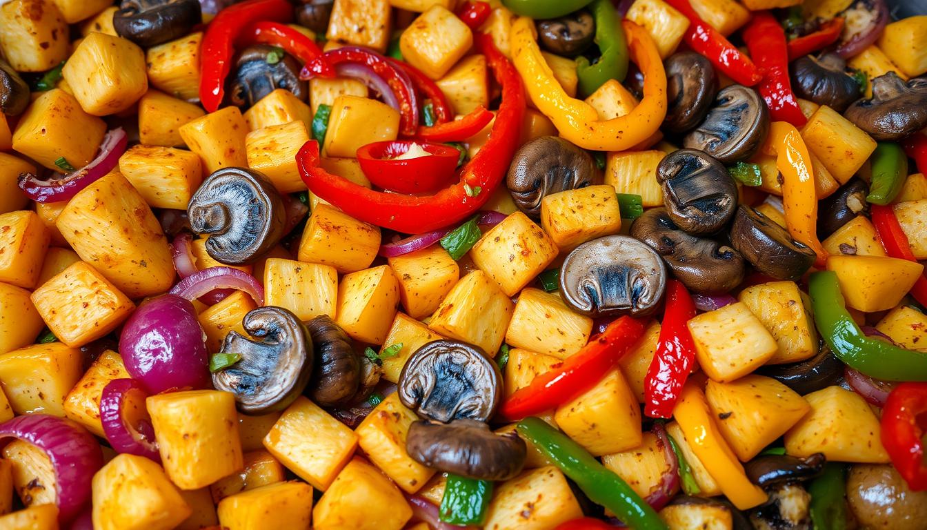 roasted potatoes mushrooms and onions and peppers