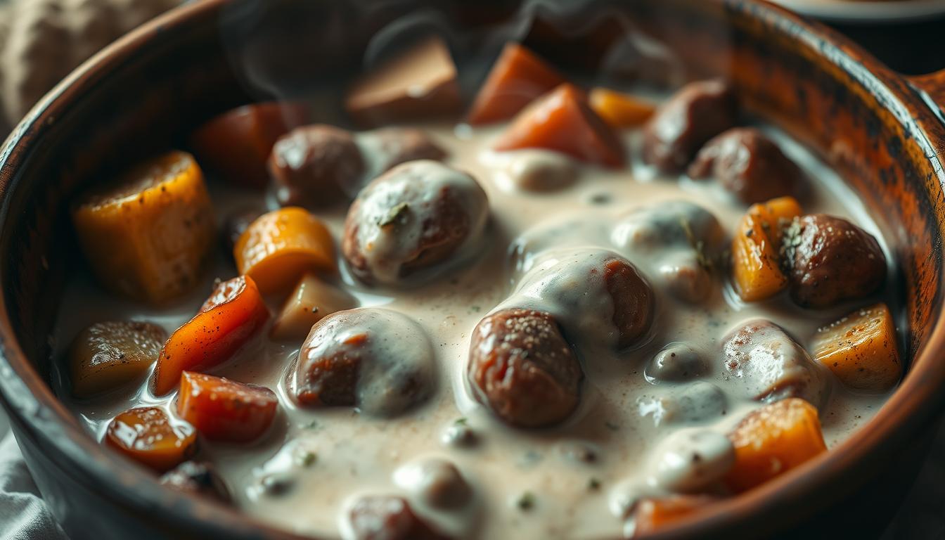 white gravy in casserole with vegetables and venison sausage sausage