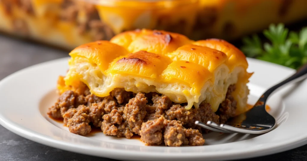 a single serving of ground beef and hash brown casserole on a white plate