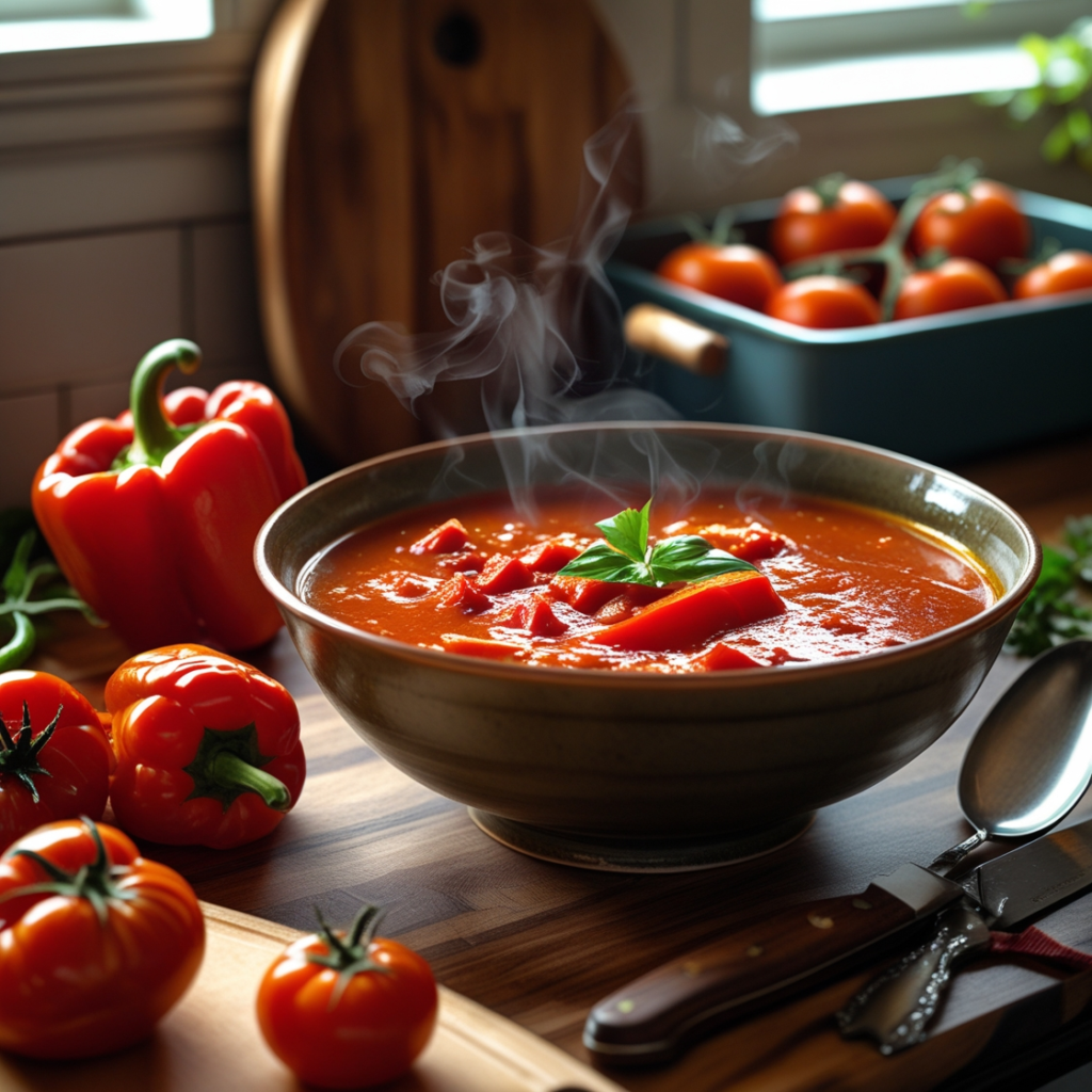 A steaming bowl of tomato and red pepper soup on a kitchen counter