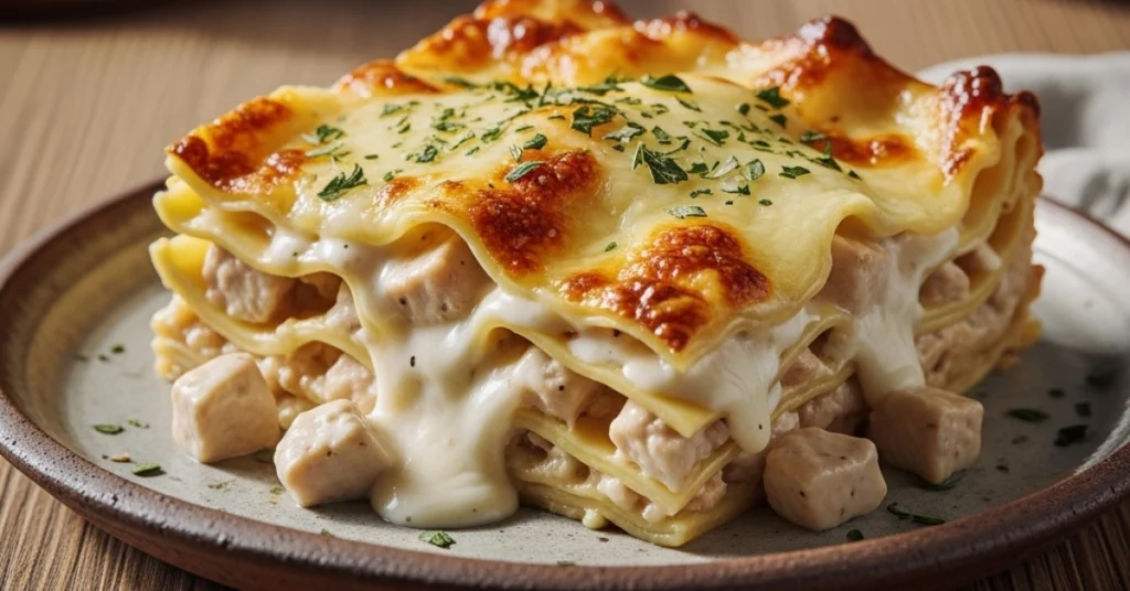 A creamy slice of chicken alfredo lasagna plated beautifully on a rustic ceramic plate.