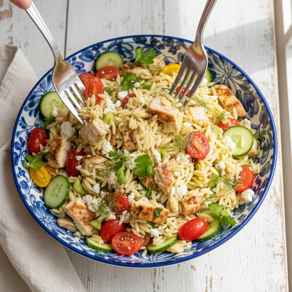 A close-up of two forks tossing chicken orzo salad in a bowl.
