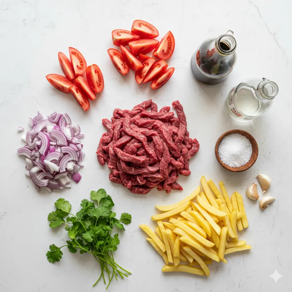 A flat-lay of Lomo Saltado ingredients.