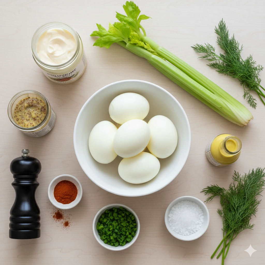 A flat-lay of egg salad ingredients.