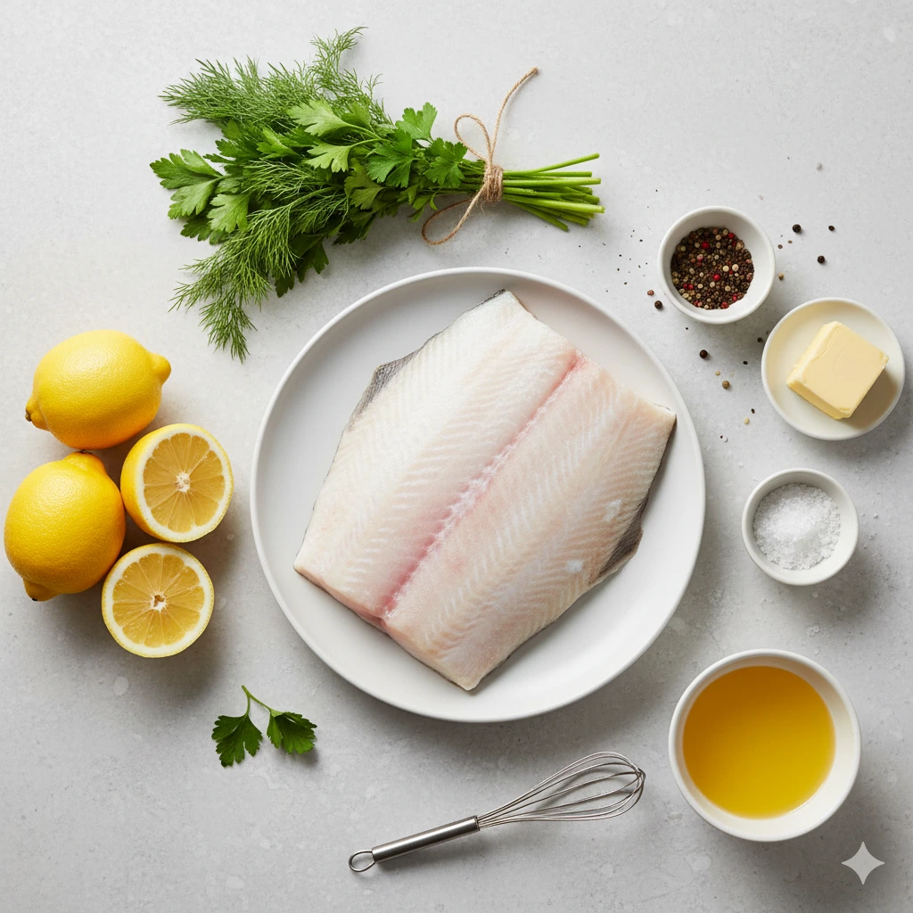 A flat-lay of fresh halibut, lemons, herbs, and butter.