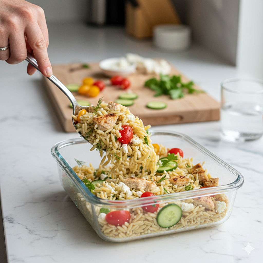 A hand scooping chicken orzo salad into a glass meal-prep container.