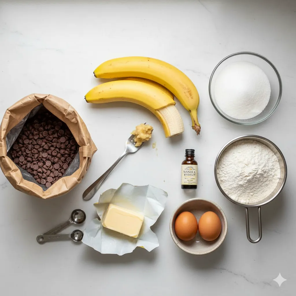A flat-lay of ingredients for chocolate chip banana bread.