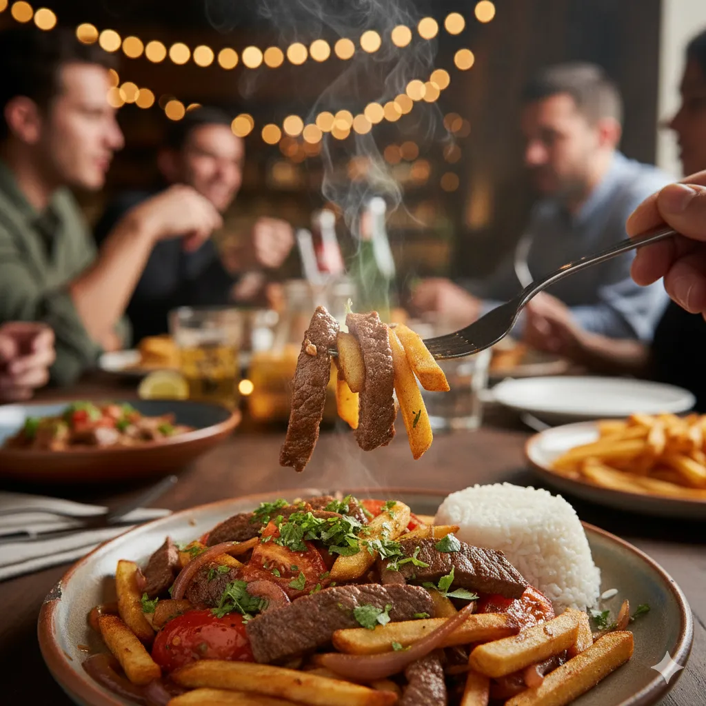 A fork lifting tender beef and a French fry from Lomo Saltado.