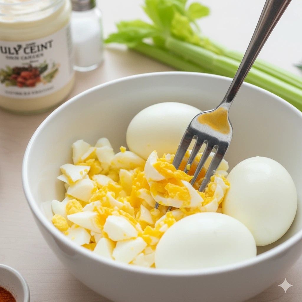 A fork mashing hard-boiled eggs in a bowl.
