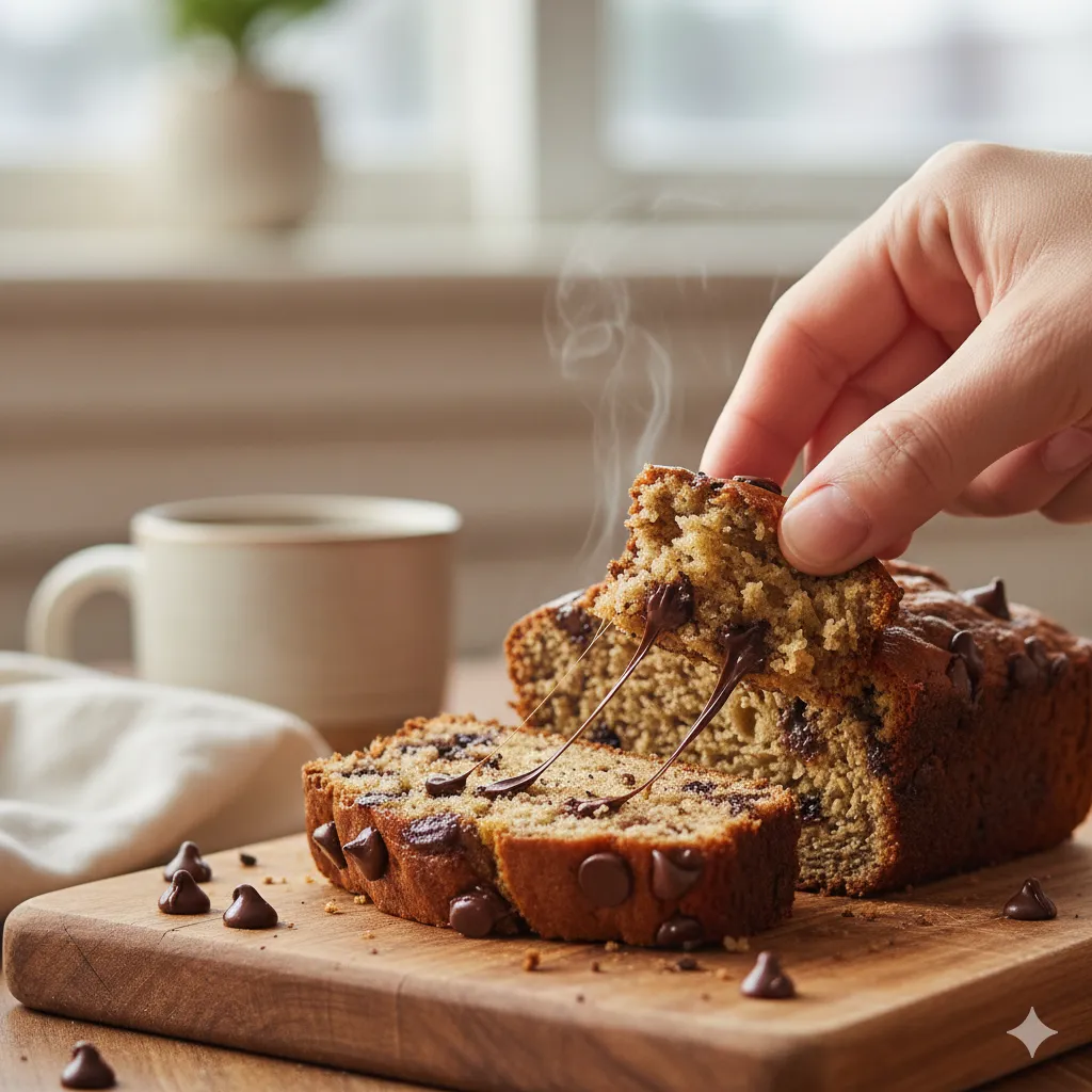 A hand breaking off a piece of warm chocolate chip banana bread.