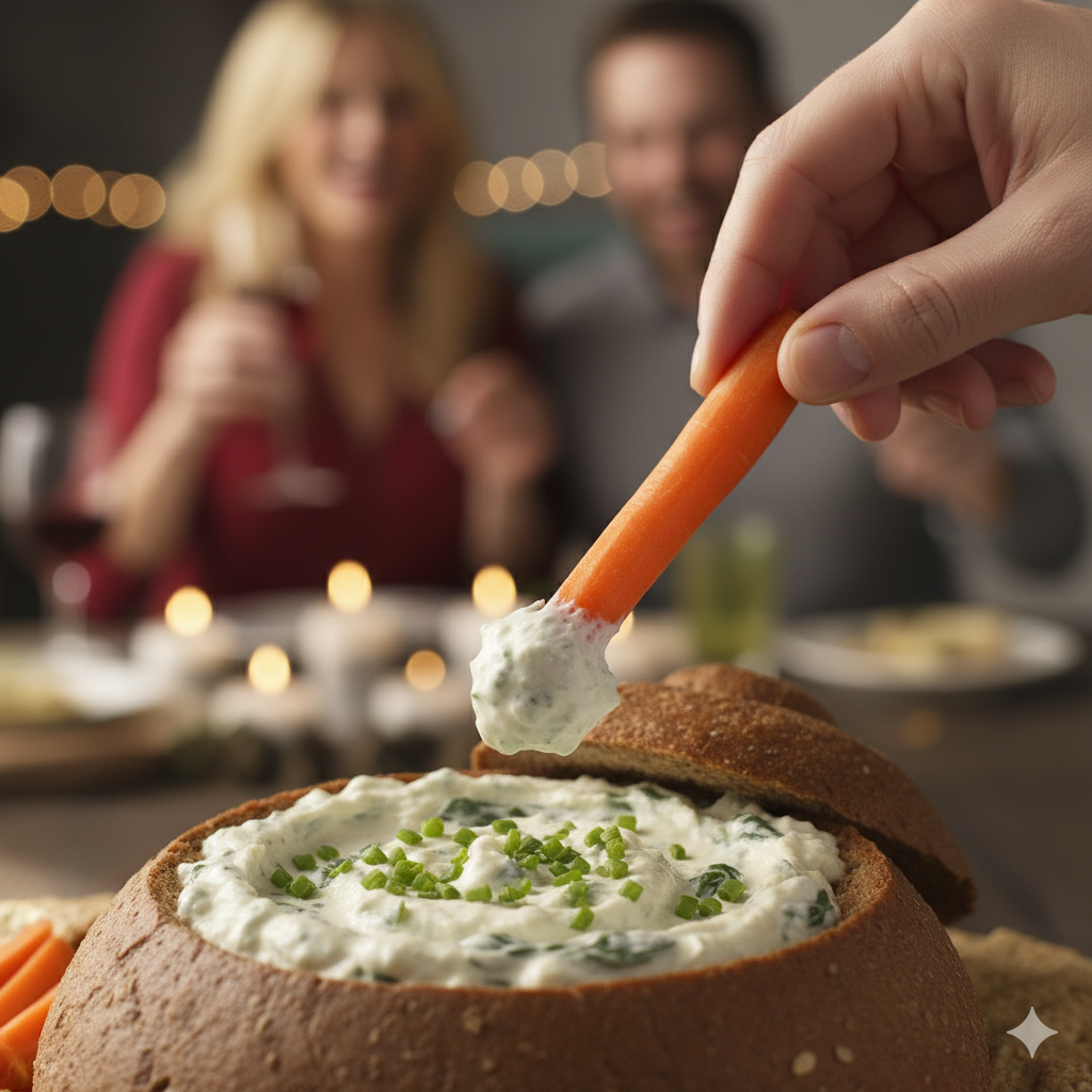 A hand dipping a carrot stick into a bowl of Knorr spinach dip.