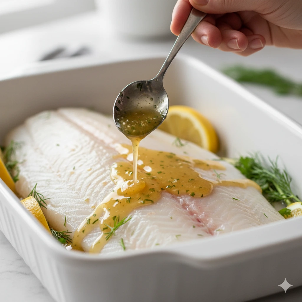 A hand drizzling lemon-herb butter over a raw halibut fillet.
