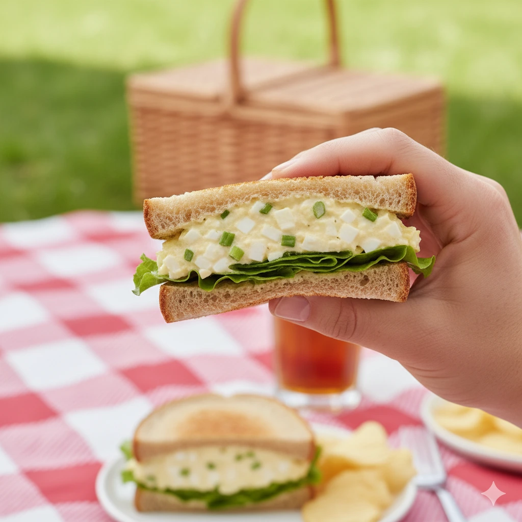 A hand holding a creamy egg salad sandwich.
