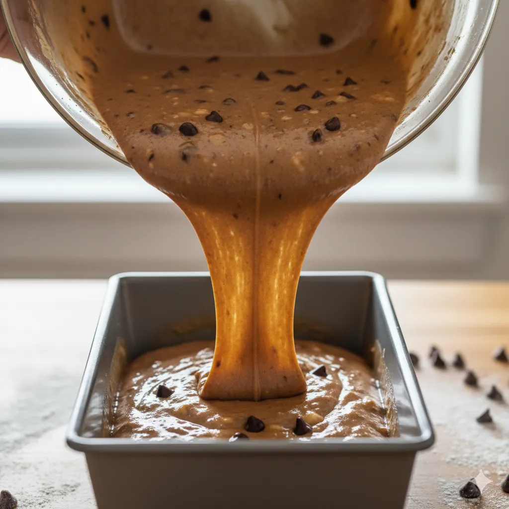 A hand pouring chocolate chip banana bread batter into a loaf pan.