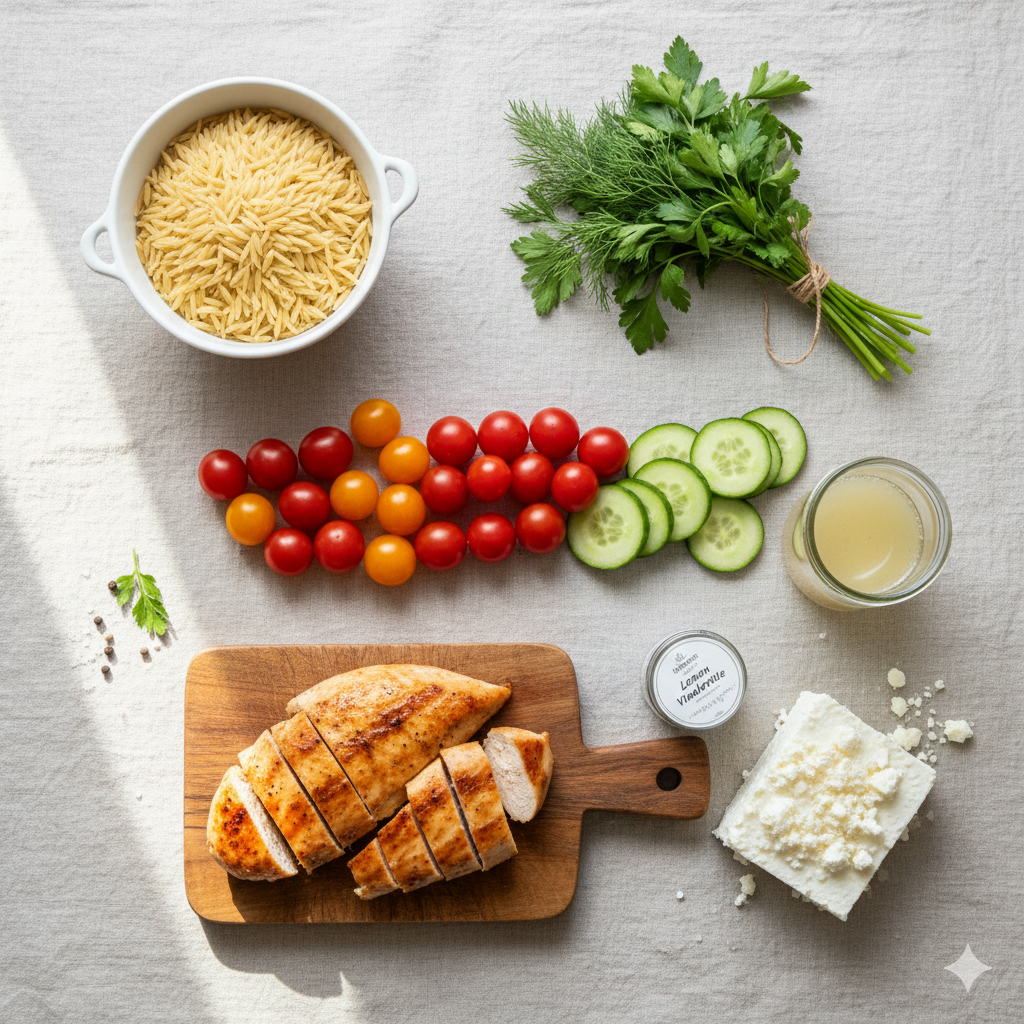 A flat-lay of fresh ingredients for chicken orzo salad, including orzo, chicken, and vegetables.
