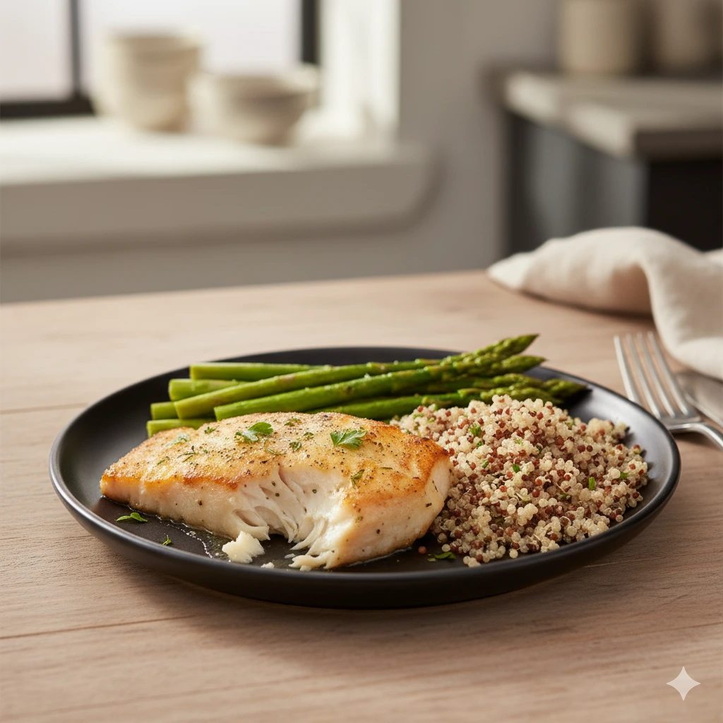 A plated serving of baked halibut with roasted asparagus and quinoa.