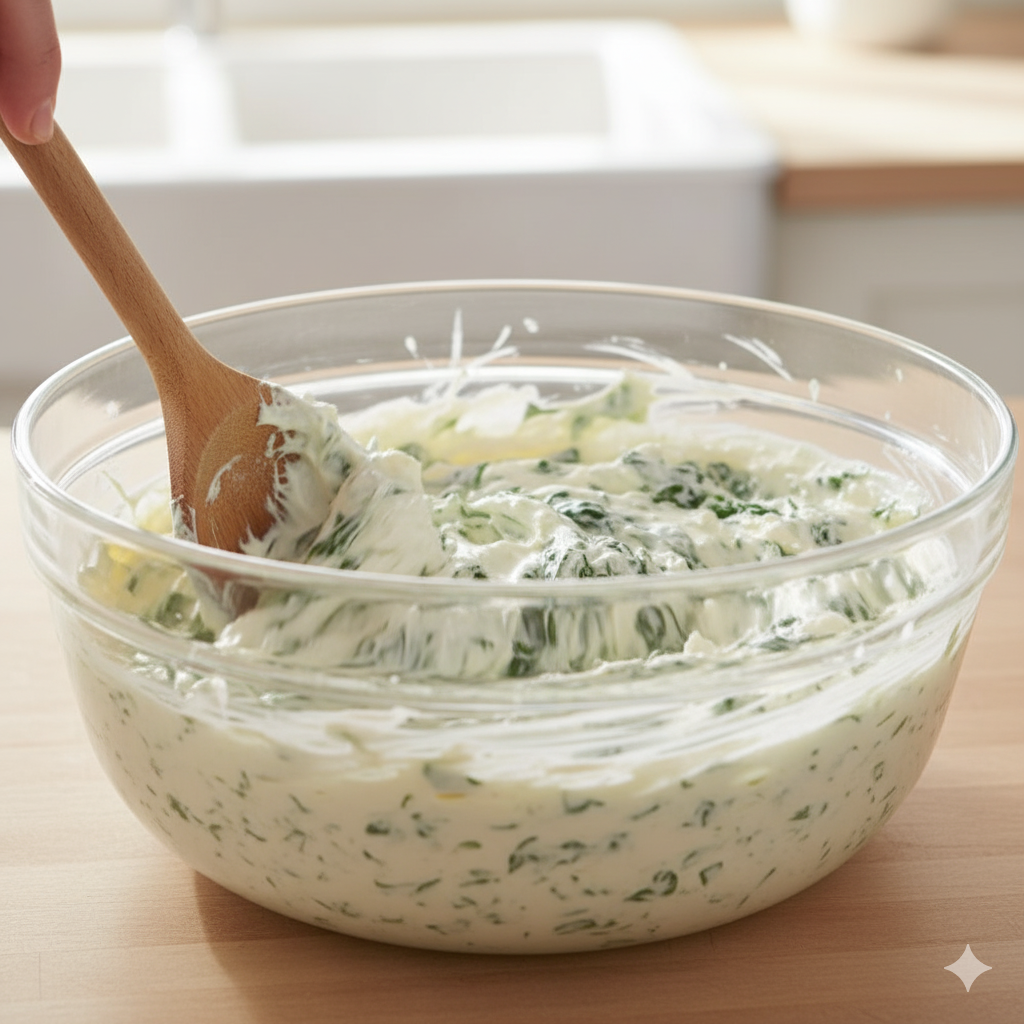 A wooden spoon stirring creamy Knorr spinach dip in a glass bowl.