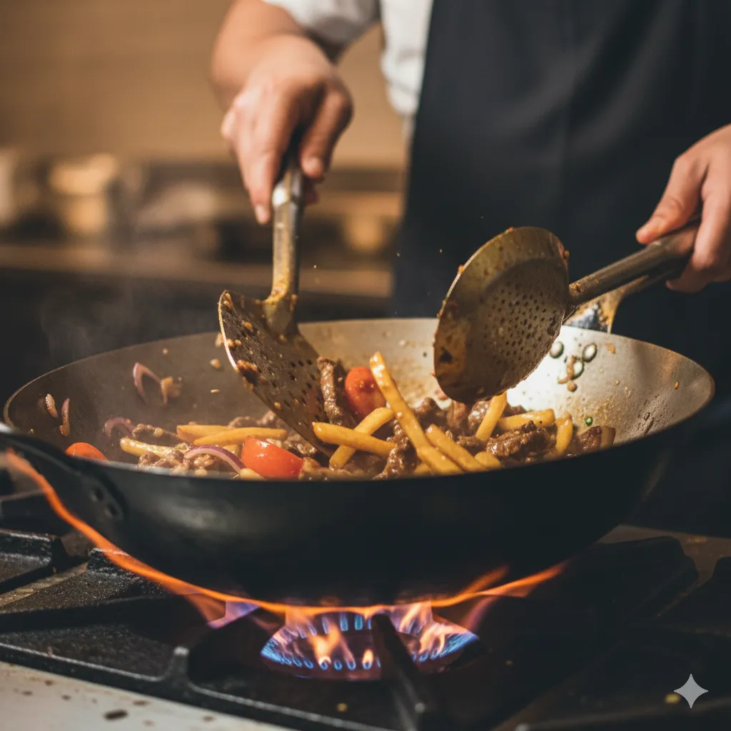 Lomo Saltado being stir-fried in a wok with subtle flames.