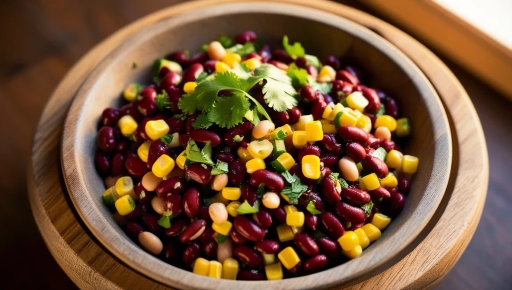 close up of a spoonful of dense bean salad