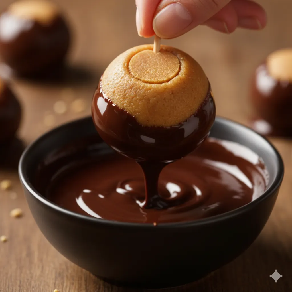 dipping peanut butter balls in chocolate