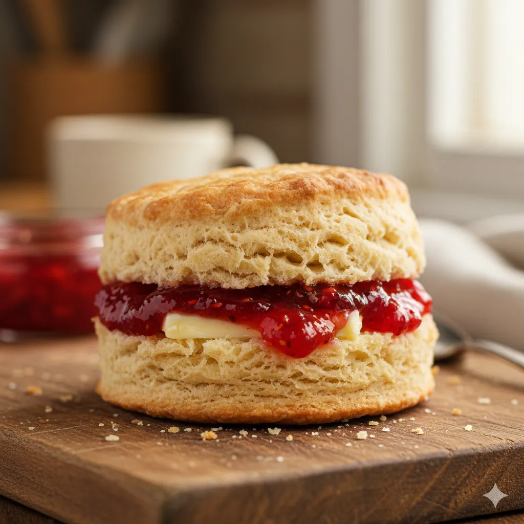fluffy biscuit with butter and jam