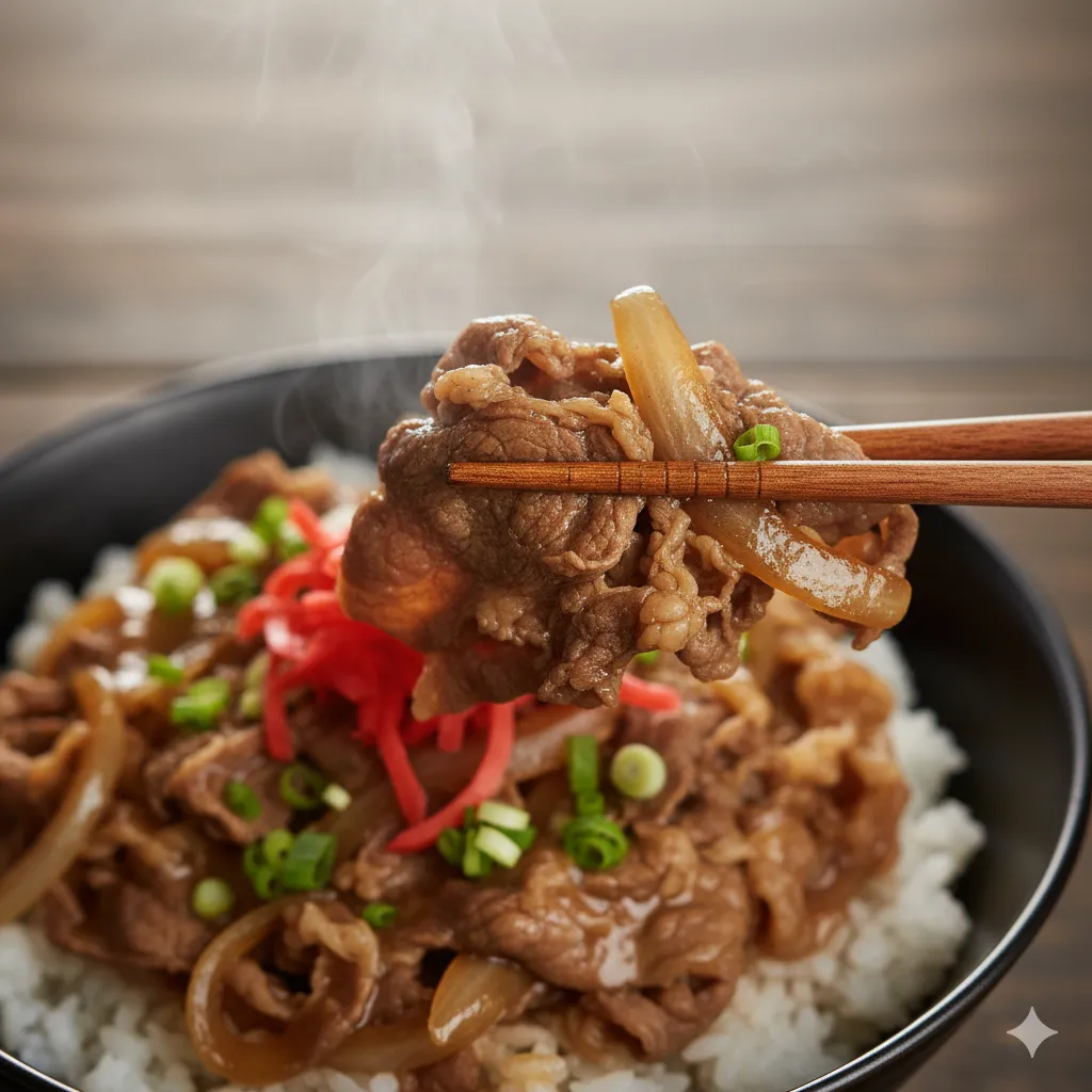japanese beef bowl with chopsticks