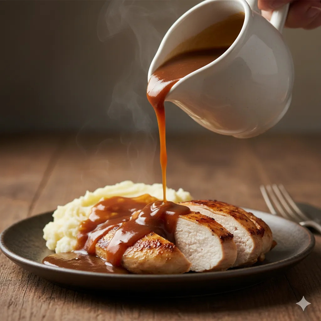 pouring homemade chicken gravy