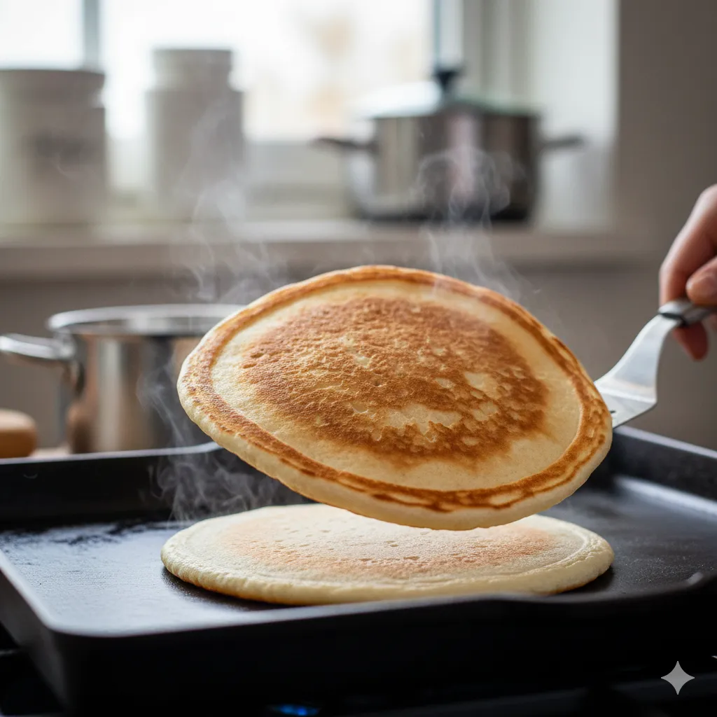 pouring pancakes on griddle