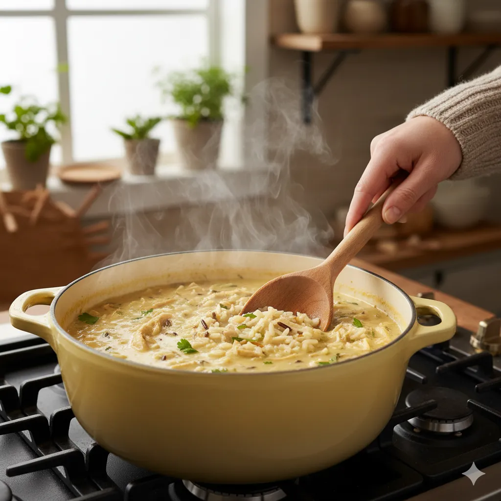 simmering creamy chicken rice soup