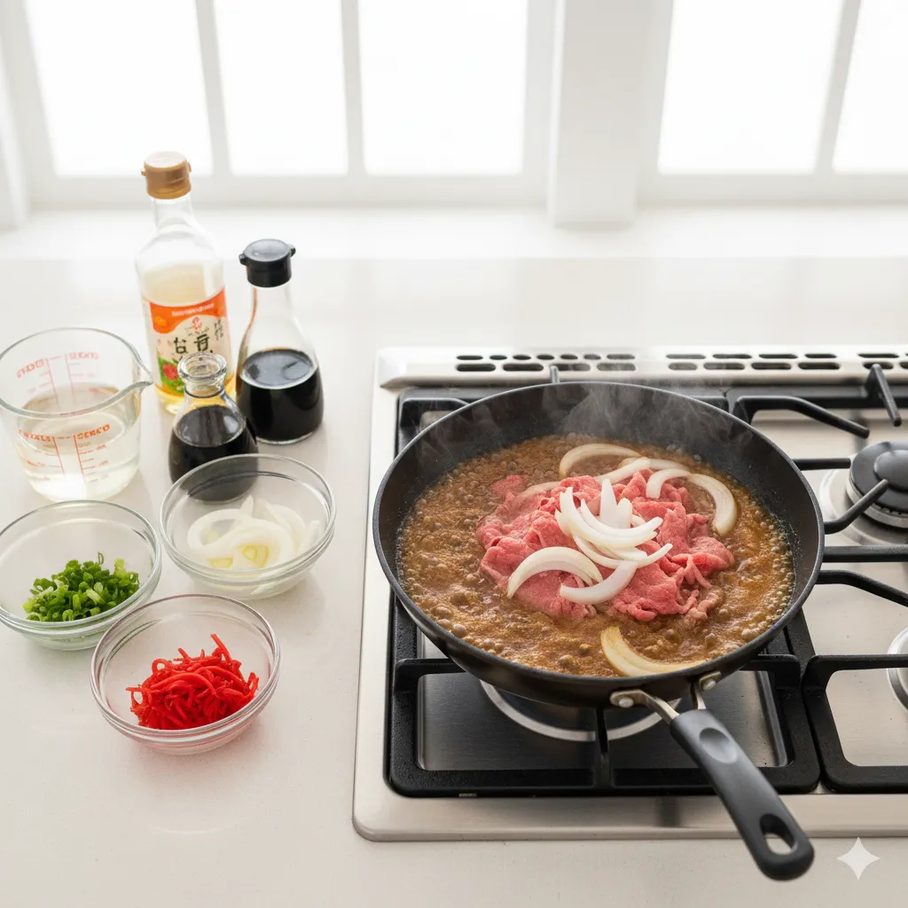 simmering gyudon beef and onions