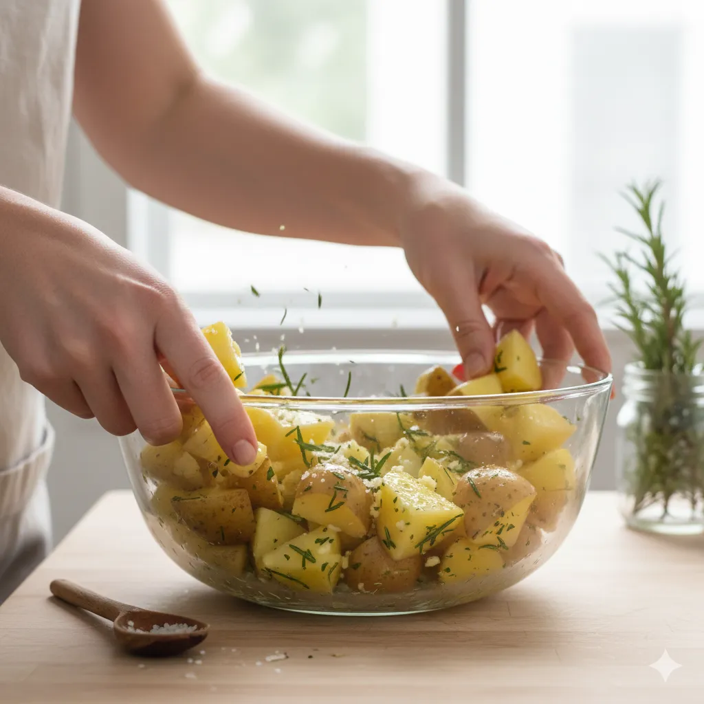 tossing cubed potatoes