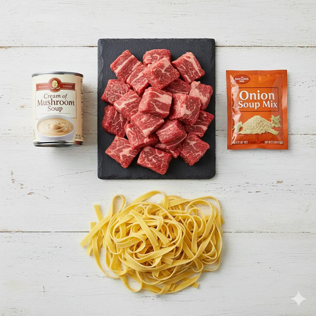 3 ingredient crockpot beef and noodles ingredients