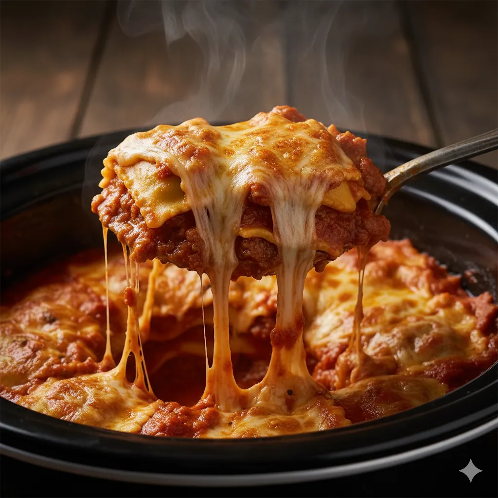 crockpot lasagna with ravioli scoop