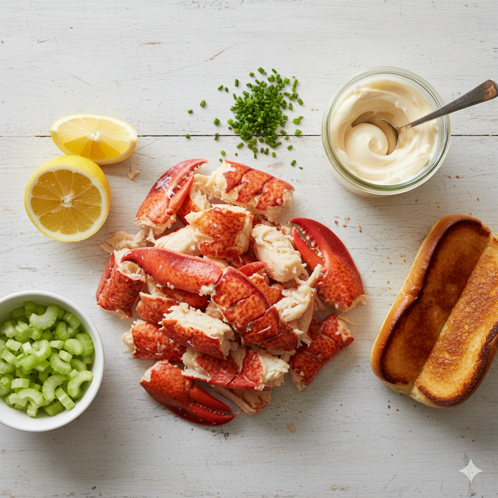 lobster roll recipe ingredients flat lay