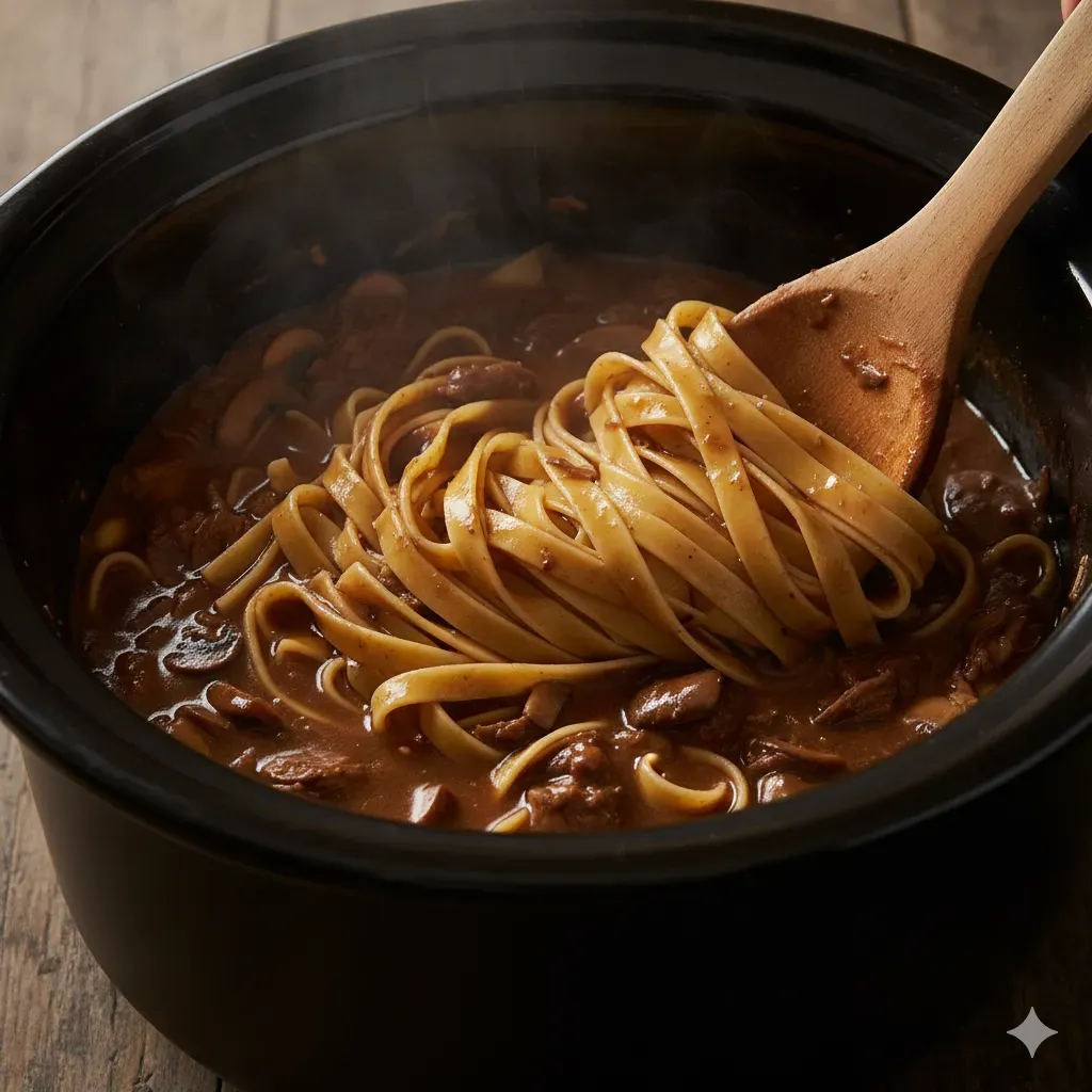 noodles added to beef and noodles in crockpot