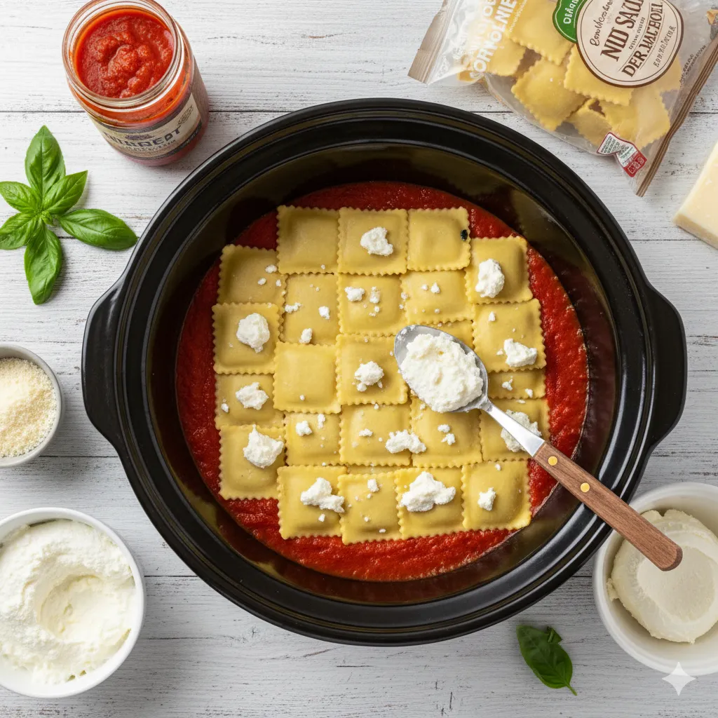 ravioli lasagna crockpot assembly
