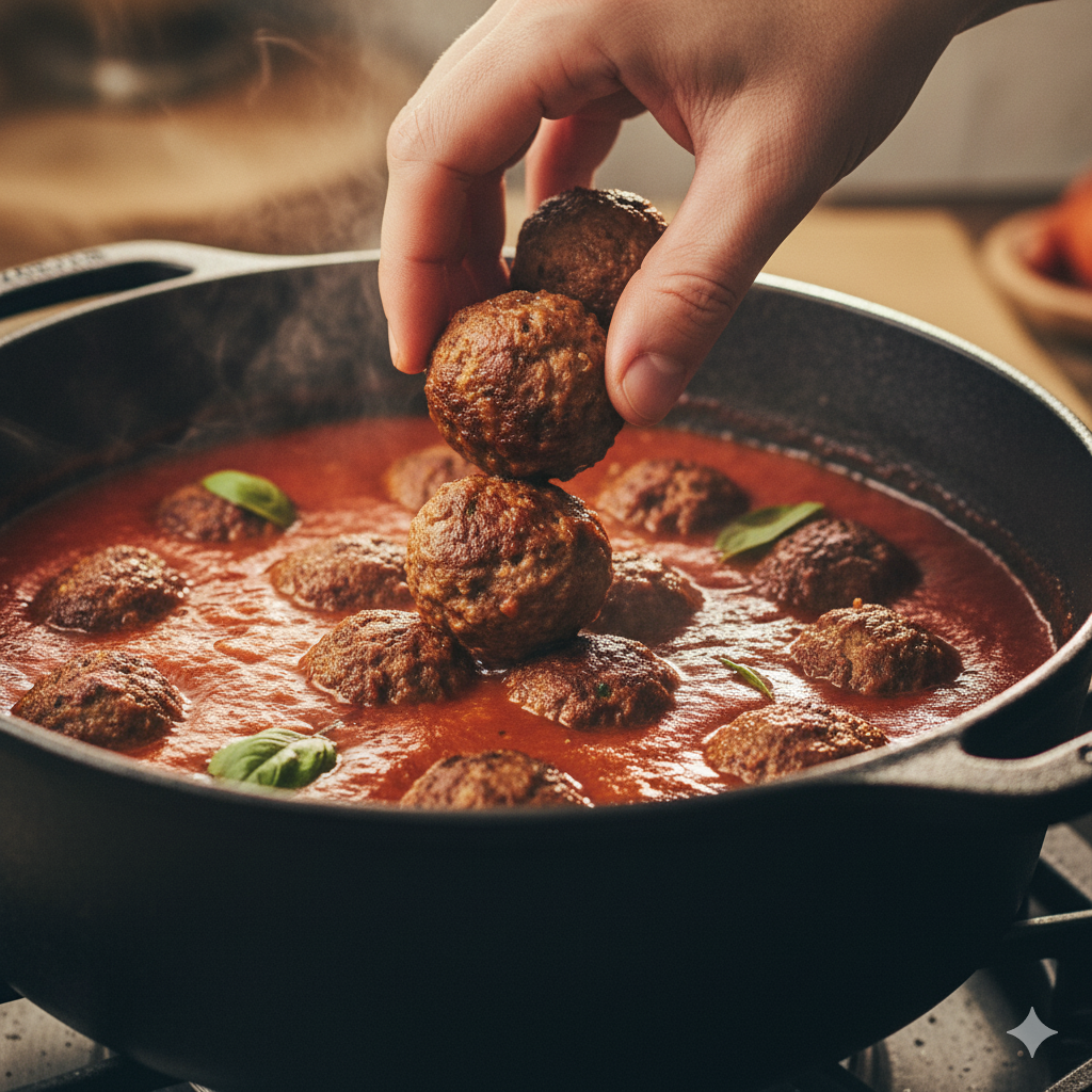 simmering spaghetti and meatballs