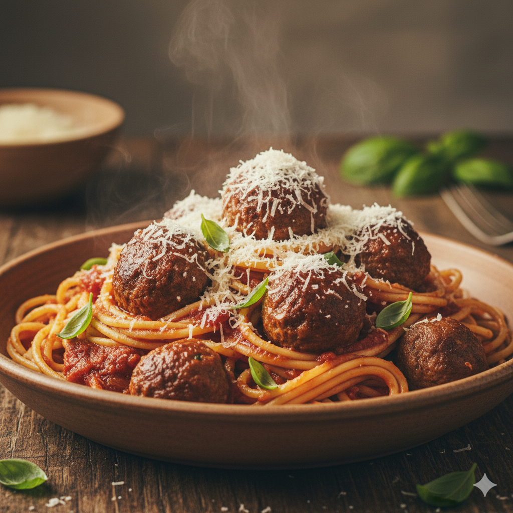 ultimate spaghetti and meatballs plated