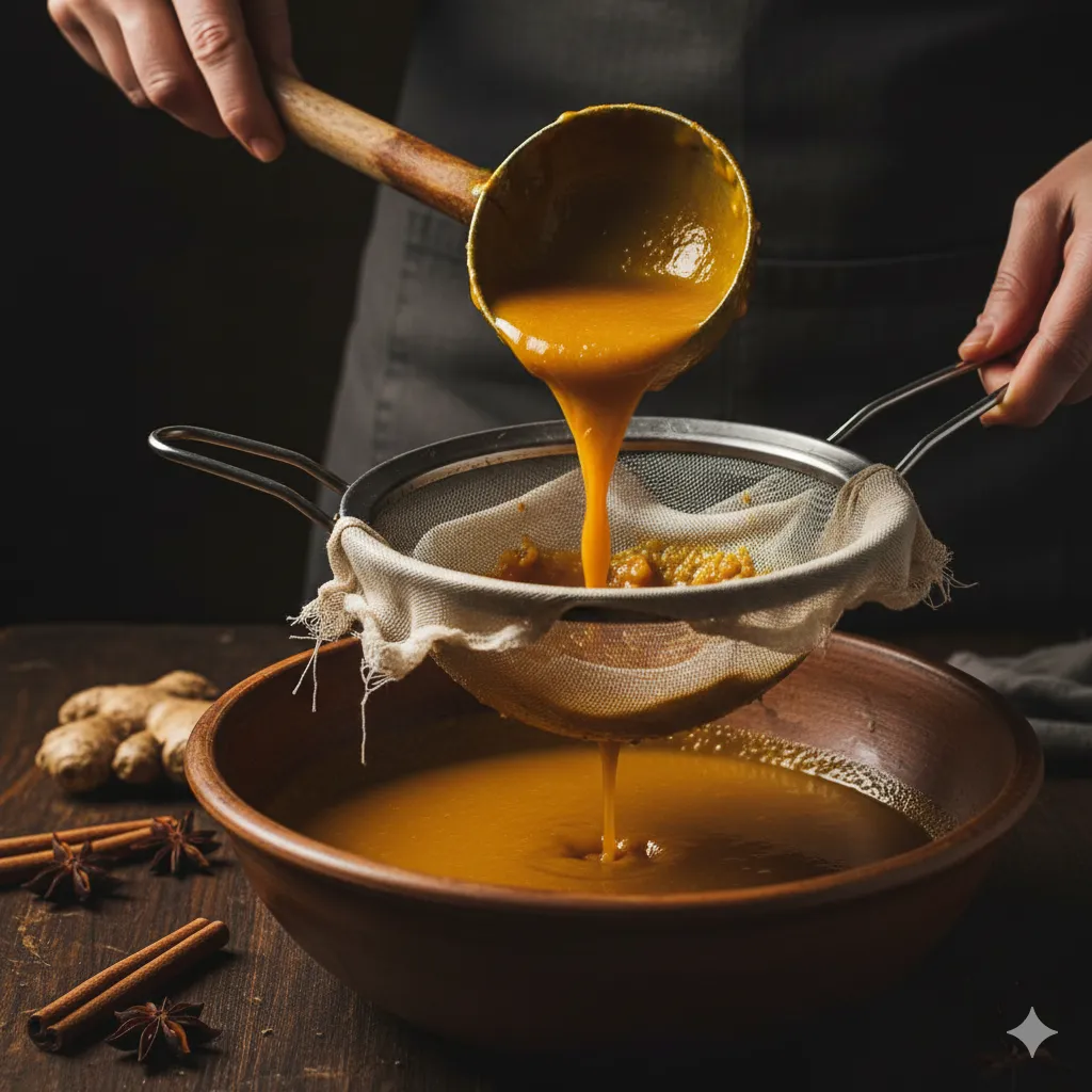 straining homemade pumpkin juice