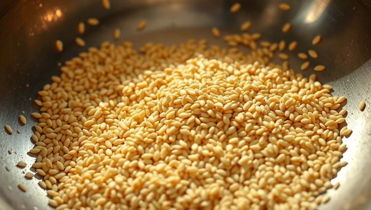 toasting sesame seeds in a pan