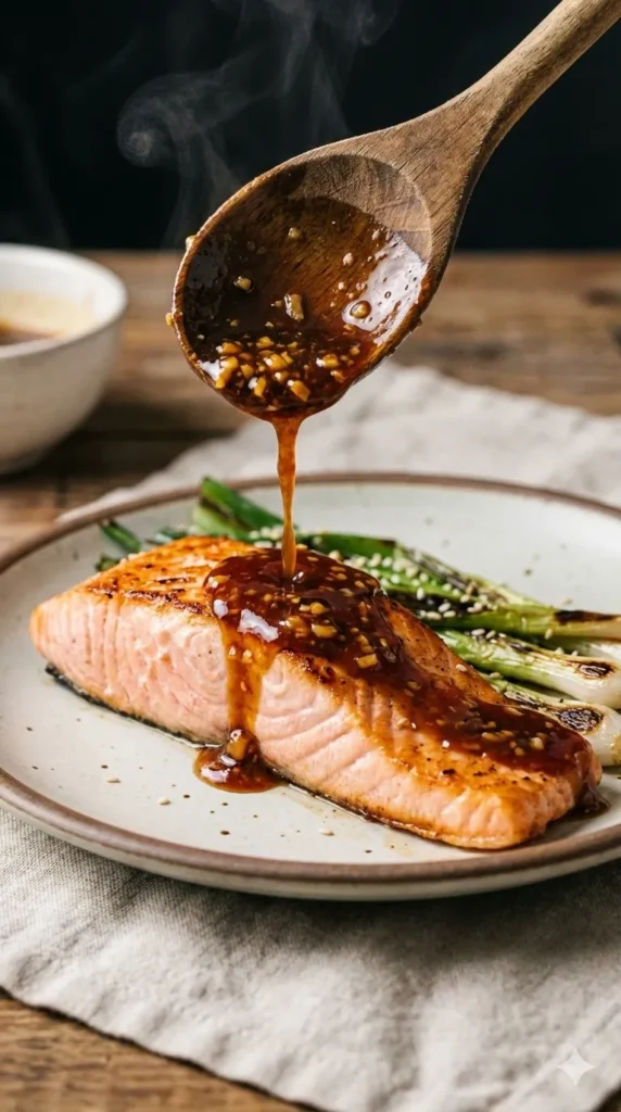 drizzling sauce on teriyaki salmon recipe
