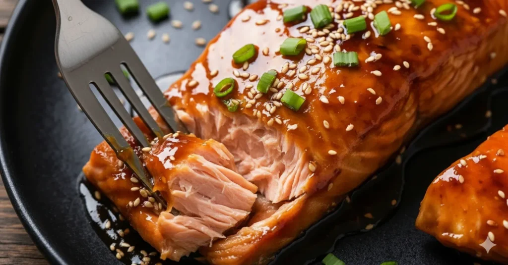 flaky teriyaki salmon recipe close up