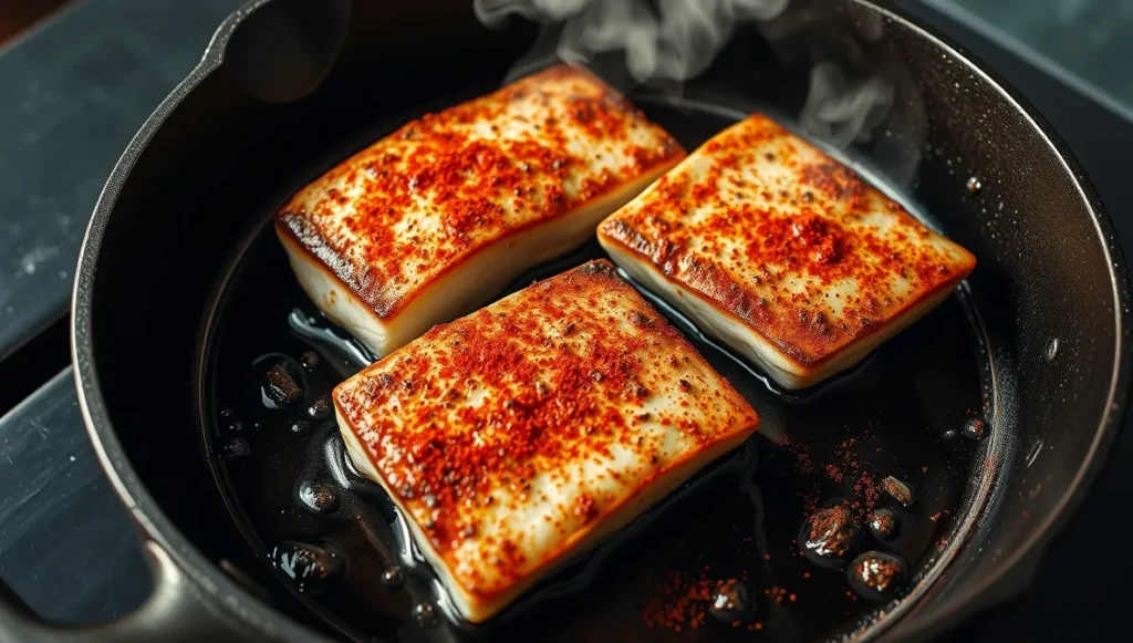 blackened mahi mahi recipe searing in pan