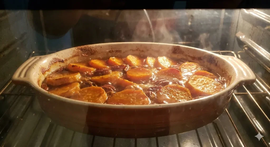 candied yams baking in oven close up