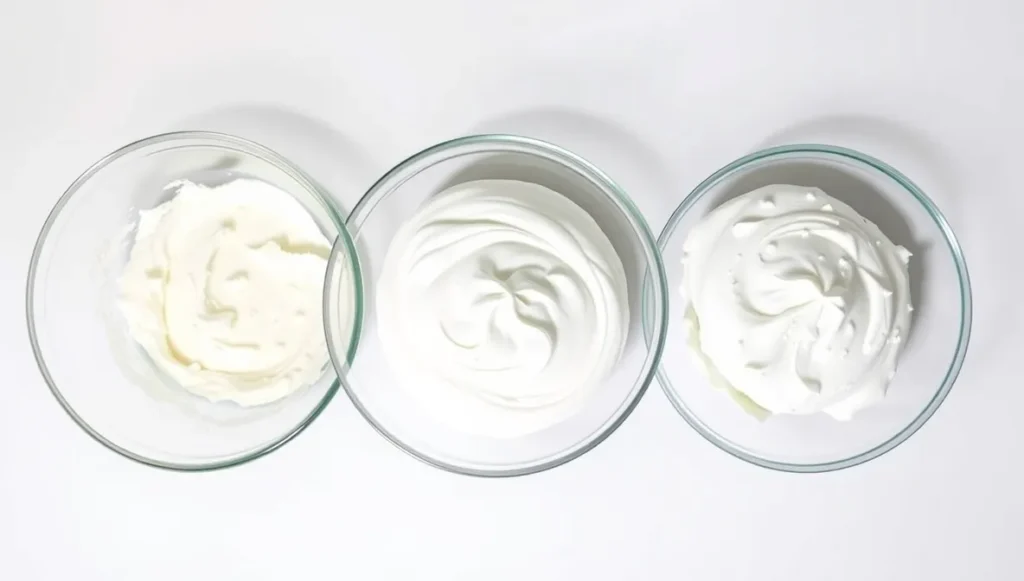egg white meringue stages in glass bowls