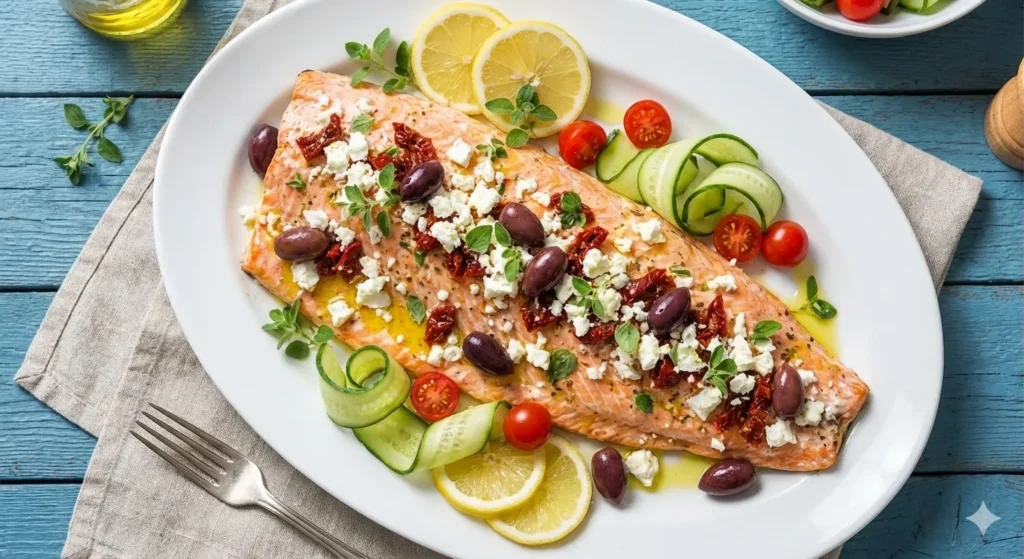 mediterranean salmon recipe finished dish platter