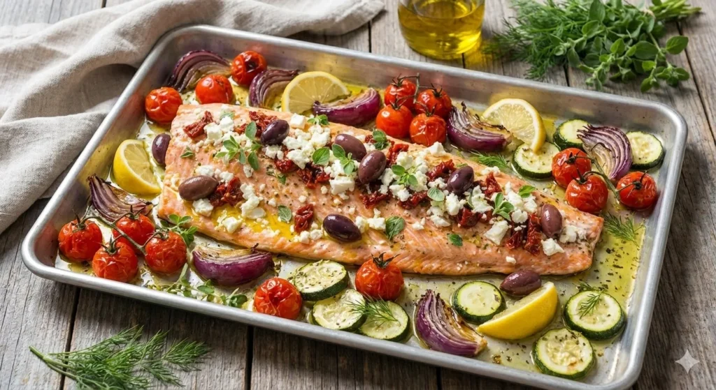 mediterranean salmon recipe one pan sheet tray